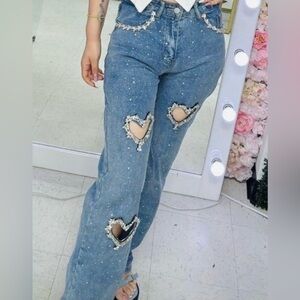 Stylish Rhinestone and Hearts High Rise Jean - Size Medium